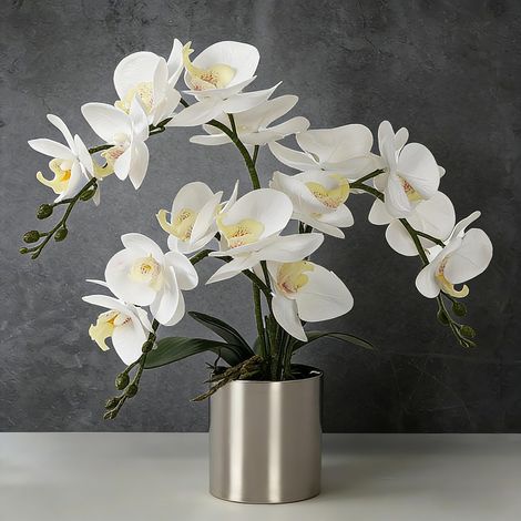 Orchidée Artificielle avec Vase, orchidée Blanche bonsaï, orchidée phalaenopsis pour décoration de la Maison (Blanc, Vase argenté) (1/5)