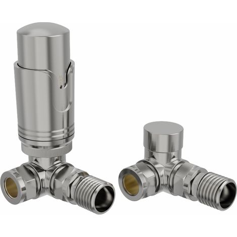 Thermostatic TRV Lockshield Corner Radiator Valves 15mm Pair Satin Nickel (1/5)