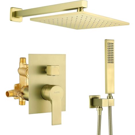 L701-3 Système de douche à équilibrage de pression pour salle de bain avec mitigeur à main, robinet de douche doré brossé avec corps et garniture de valve rugueux, support mural, L701-3 (1/5)