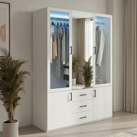 BLANKETSWARM - Armoire chambre adulte 4 portes et 3 tiroirs – 130x52x182 cm – Miroir – Éclairage LED – Porte en verre transparent – Blanc