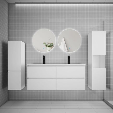 Ensemble meuble blanc et lavabo L.120cm 4 tiroirs + colonne2 haut + lavabo + miroir 60x60cm2-suspendu