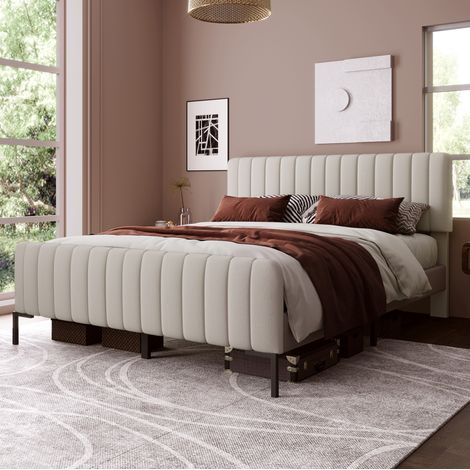 Cama tapizada moderna 160x200 cm con somier de láminas, cabecero regulable y colchón de muelles, gris beige (1/5)