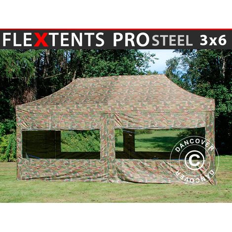 Pop up gazebo FleXtents PRO Steel 3x6 m Camouflage/Military, incl. 6 sidewalls