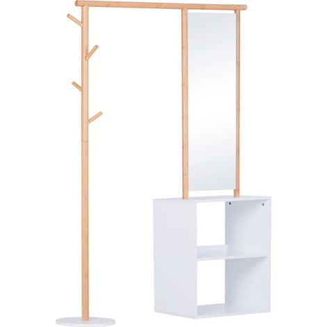 Porte-manteaux meuble d'entrée vestiaire penderie avec miroir 4 patères 2 niches dim. 100L x 34l x 164H cm MDF blanc bois massif bambou
