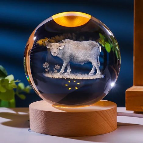 Boule de cristal colorée avec support lumineux LED, décoration en verre gravée au laser