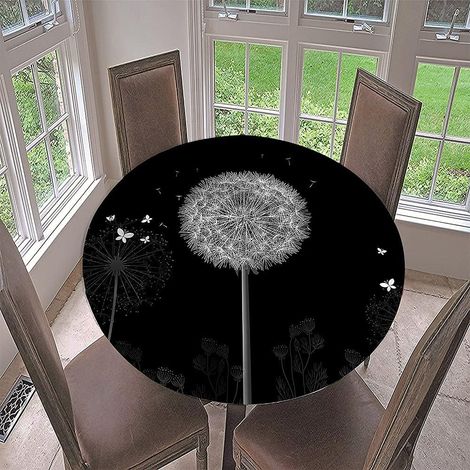 Dandelion Print Tablecloth, Round Tablecloth with Elastic Edge, Washable Countertop Cover for Kitchen, Dining Room, Bedroom (Black, 120cm) (1/5)