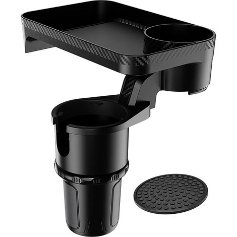 Portavasos multifuncional para coche con bandeja giratoria de 360° extraíble y base ajustable.