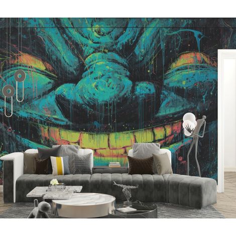 Papier peint graffiti monstre souriant bleu et vert dans lombre - 150 x 250 cm (1/2)