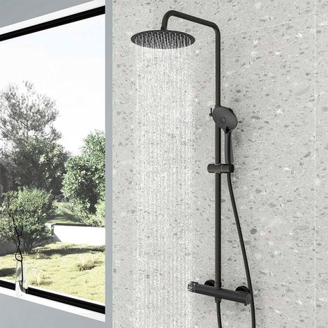Sistema doccia con termostato, AICA Colonna Doccia Termostatico con Miscelatore, soffione e doccetta Altezza regolabile dopo l'installazione 77-120 cm, Nero