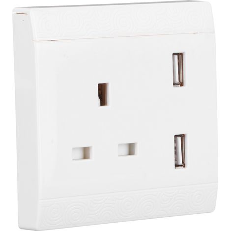 Wandsteckdose mit zwei USB-Anschlüssen, 13 A, UK 110/220 V, weiße Abdeckplatte (1/5)
