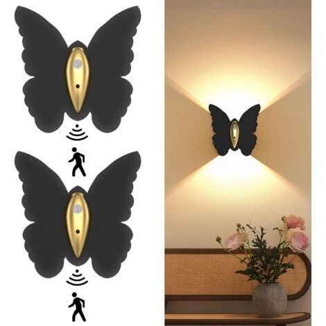 FENOPLASTICALampe murale papillon rechargeable d'intérieur - Lampe murale à détecteur de mouvement + télécommande - Lot de 2, noir (1/4)