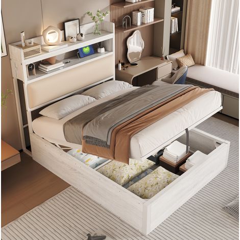 lit adulte rangement hydraulique 90x200 bois métal OKMYHOME (1/5)