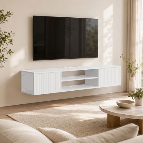 Meuble TV Suspendu Flottant 140cm avec Éclairage LED et Prises, 2 Portes Cannelées et Étagère Réglable, Blanc (1/5)