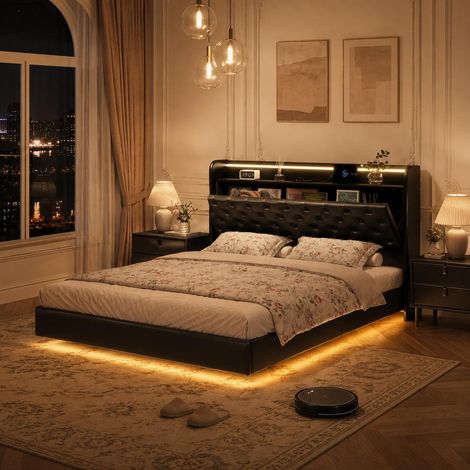 Lit flottant 140x200 cm en similicuir noir, rangement hydraulique, LED réglable, ports USB pratiques (1/5)