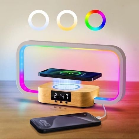 SABIR-Lampe de chevet en bois avec chargeur sans fil 15 W et port USB, lampe de bureau RGB en bois 7 pouces