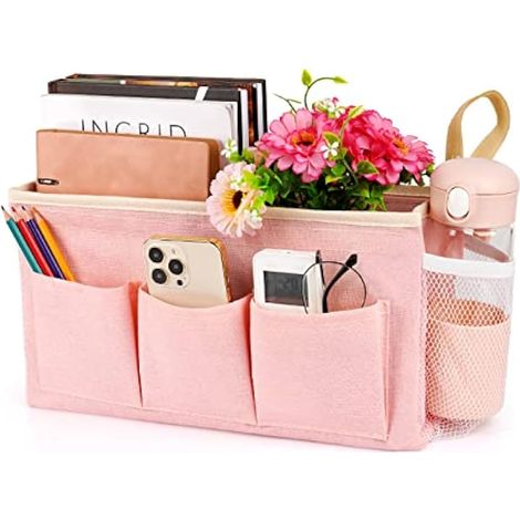 Lilithye Organiseur de chevet avec sangles fixes et porte-bouteille d'eau pour la maison, l'université, le dortoir, l'hôpital, le berceau, les rails de lit – Rose (1/5)