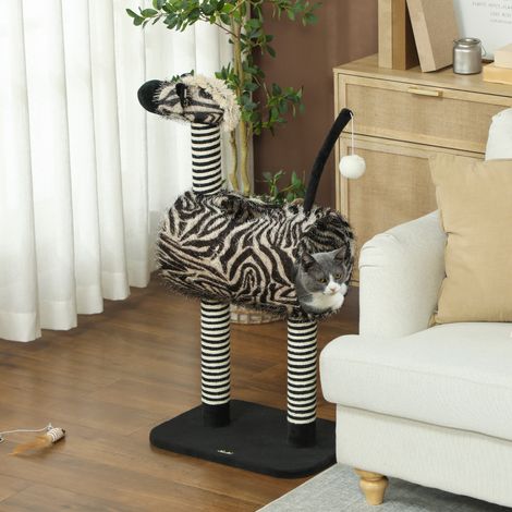 PawHut Kratzbaum im Zebra-Design, 1 Katzentunnel, 3 Kratzstämme 48,5 cm x 35 cm x 93 cm, Schwarz + Weiß