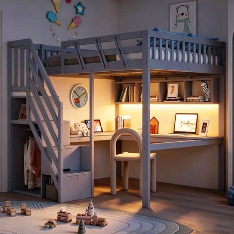 Hochbett 140x200 cm für kinder und jugendliche aus massivholz mit schreibtisch stauraumtreppe led usb und lattenrost - grau (1/5)