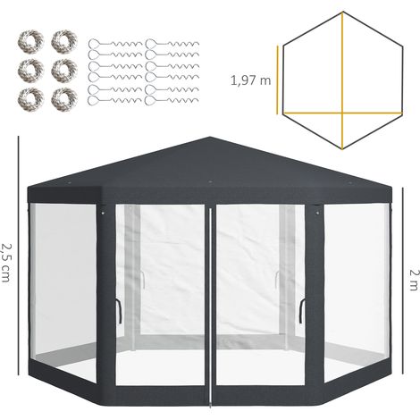 Pavillon de jardin hexagonal, rideaux en voile, structure métallique, 3,94 x 3,412 x 2,5 m, gris foncé (1/5)