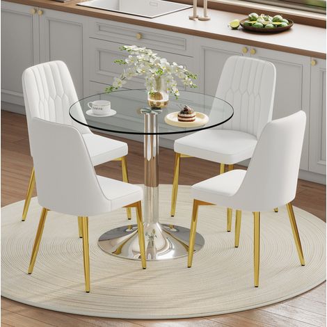 Ensemble table à manger ronde 85 cm en verre avec 4 chaises PU blanc et métal, REDOM (1/5)