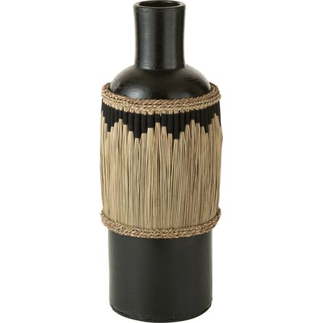 Vase poterie noir motifs terracotta et herbes naturel - Noir et beige naturel (1/2)