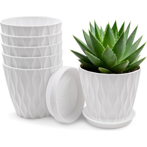 Lot de 6 Pot de Fleur, Pots de Plantes en Plastique Petits Plantpot avec Soucoupe et Trous de Drainage pour Jardins, Balcon Extérieurs Intérieurs (Blanc) (1/5)