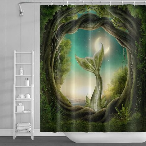 140x183cm Fantaisie Forêt Rideau de Douche Enchanté Sirène Queue, Lune, Nuit Étoilée, Ciel Magie Vert Arbre pour Salle de Bains Polyester avec Crochets (1/5)