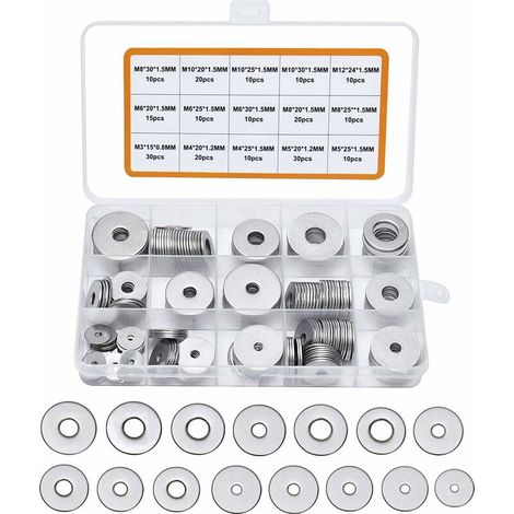 225PCS Rondelles Plates en 304 Acier Inoxydable Assortiment,M3 M4 M5 M6 M8 M10 M12 Rondelle Plate pour L'étanchéité des Vis Bagues D'étanchéité-Livré avec boîte (Gris)