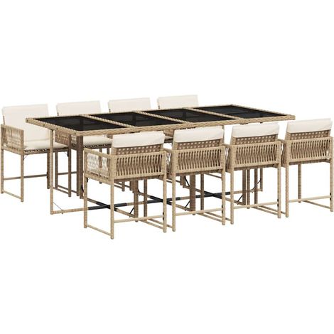 Vidaxl – Ensemble à manger de jardin 9 pcs – Coussin épais – Résine tressée beige – Table en verre trempé – Dossier rabattable pour rangement compact