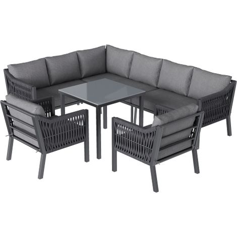 Gartenmöbel Set 8 Personen Grau, Garten Essgruppe mit Ecksofa, 2 Sesseln und Glastisch, Outdoor Lounge Set aus Verzinktem Eisen
