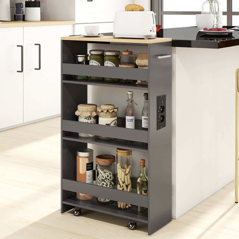 Chariot de rangement fin 20 cm avec station de charge, chariot de cuisine roulant 4 niveaux avec poignée - gris (1/4)