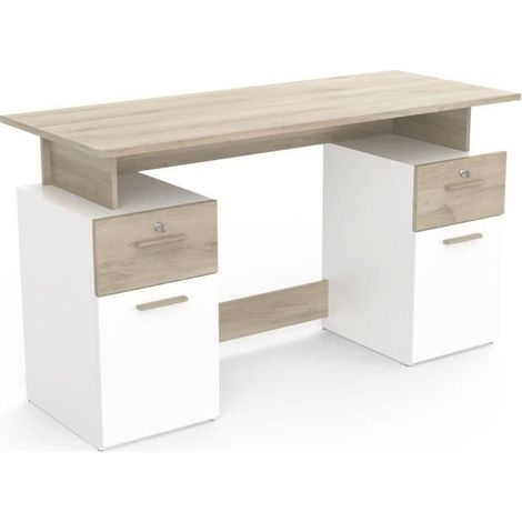 Bureau avec rangements - PLATON - Chene / blanc mat - L134,8 x P55 x H76,4 cm - DEMEYRE (1/5)