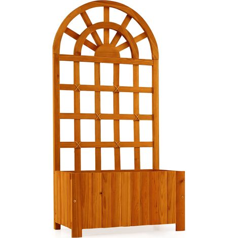 Bac de Jardin Surélevé en Bois Marron avec Treillis Latté 122 cm, Structure 2-en-1 avec Trous de Drainage, Supports Métalliques Renforcés, pour Plantes Grimpantes, Fleurs et Légumes Extérieur