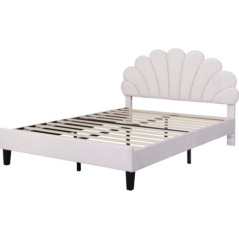 Cama doble capitoné 140 x 200 cm de terciopelo beige con cabecero floral y somier HOMVRA (1/5)