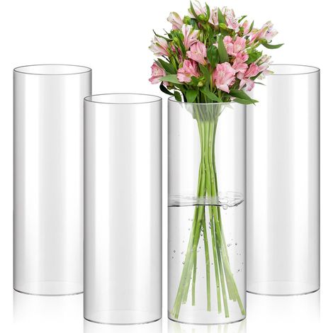 Lot de 4 vases cylindriques modernes en verre - 25 cm de haut - Grand vase rond en verre transparent - Pour orchidées, roses, tulipes, herbe de la pampa - Décoration de table (1/5)