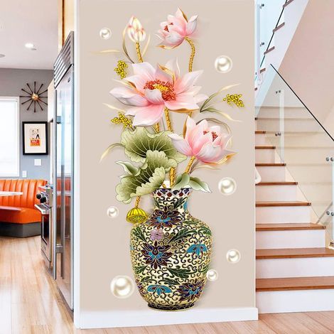 Lotusblume und Vase im klassischen chinesischen Stil – Aufkleber mit Nacré-Effekt für den Salon – Dekor für den Innenbereich (1/4)