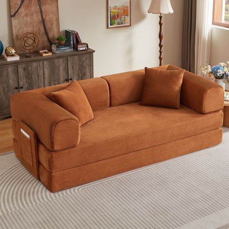 Divano letto pieghevole a 2 posti, seduta a panca in schiuma, struttura in acciaio, velluto a coste color terracotta (1/5)