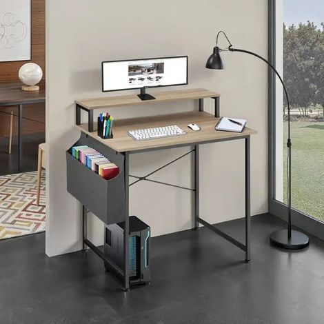 Bureau industriel 80 cm avec étagère et poche latérale – Bois Clair & métal (1/5)