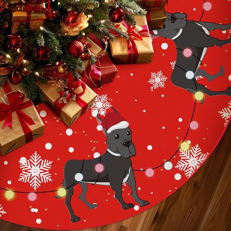 Falda roja para árbol de Navidad, estampado de gran danés, tapete para árbol, 120 cm, decoración navideña de invierno para el hogar. (1/5)