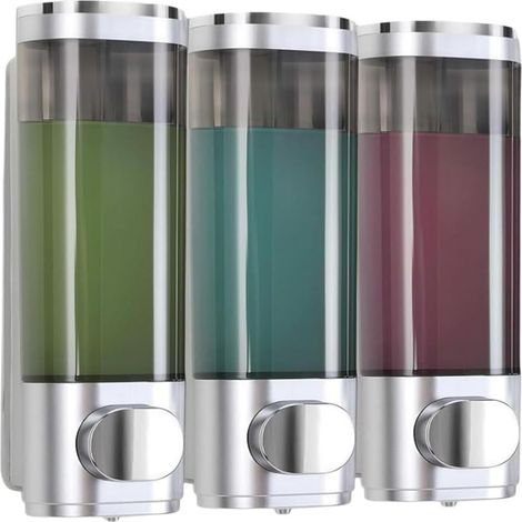 Longziming – Wandseifenspender – 3-in-1-Spender für Shampoo, Duschgel und Spülung – Kein Bohren erforderlich, auslaufsicher, gleichmäßige Flüssigkeitsdosierung – Silber (1/5)