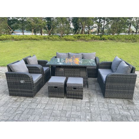 Fimous Dark Mixed Grey Rattan Outdoor Garden Furniture Gas Fire Pit Table Sets Gas Heater Lounge Love Sofa Recling Chairs Footstools 9 Seater (1/5)