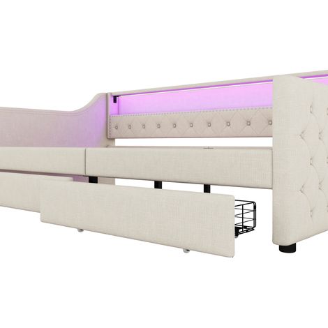 Divano letto 90 x 200 cm in lino beige con rete a doghe, 2 cassetti, luce LED e USB (1/5)