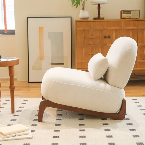 Sillón auxiliar sin reposabrazos de tela blanca, patas de madera, 72,2 x 86,9 x 69,9 cm (1/5)