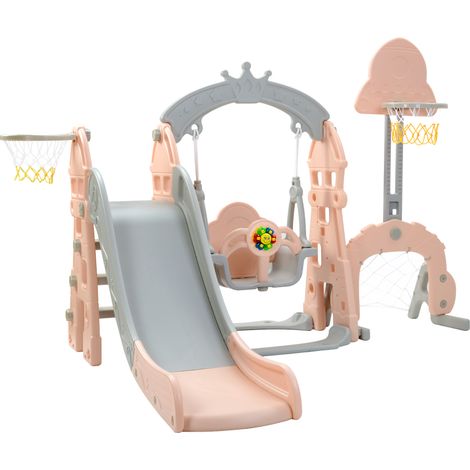 5-in-1 Kinderspielturm mit Rutsche, Schaukel, Basketballkorb, Fußballtor und Klettergerüst, Pink (1/5)
