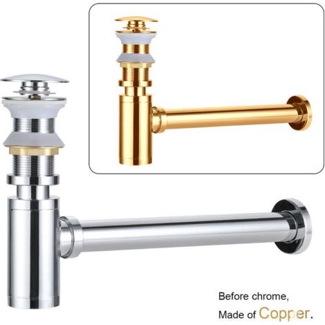 Siphon Lavabo avec Bonde Lavabo Pop-up sans Trop-plein, Ensemble Vidage et Siphon Salle de bain, Kit Siphon Bonde Lavabo Design Automatique en Laiton Massif, Chromé (1/4)