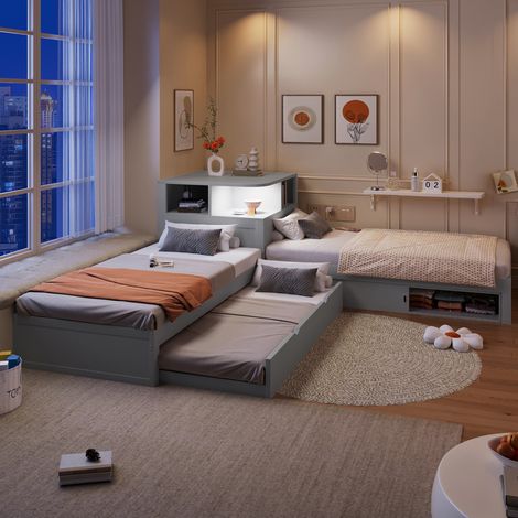 Lit plateforme 90x200 avec lit gigogne rangement gris (1/5)
