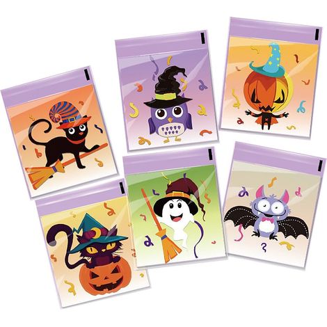 300 petits sachets à bonbons transparents autocollants pour Halloween - Motifs adorables (citrouille, chauve-souris, fantôme, chat) pour la chasse aux bonbons, les cadeaux d'invités et le rangement de (1/5)