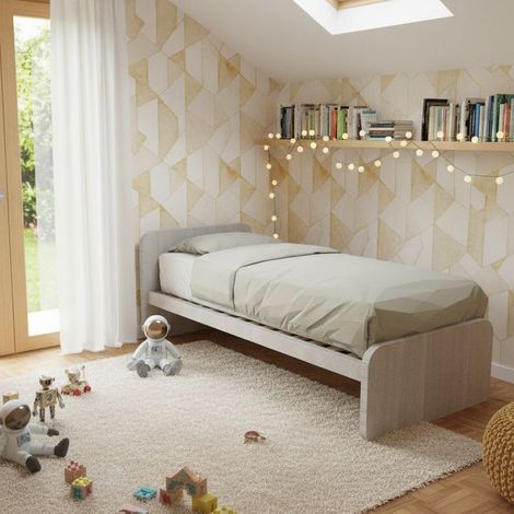 Letto singolo cameretta 80x190 con rete a doghe in acciaio e faggio - Rovere rock (1/5)