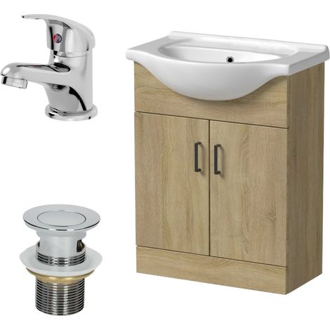 650mm Oak Bathroom Vanity Unit Basin Freestanding Essentials Tap & Waste Set (1/5)