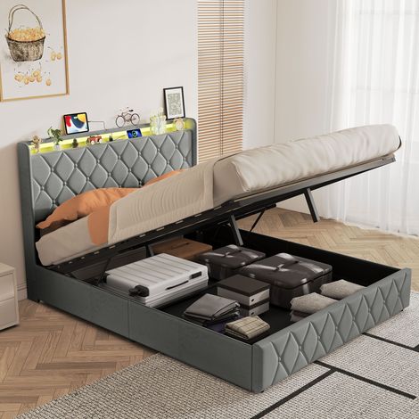 Lit coffre 140x200,lit 140x200 avec sommier, lit deux place capitonné en velours avec rangement hydraulique, sommier à lattes, système RGB d’ambiance, USB et Type-C, Gris (1/5)
